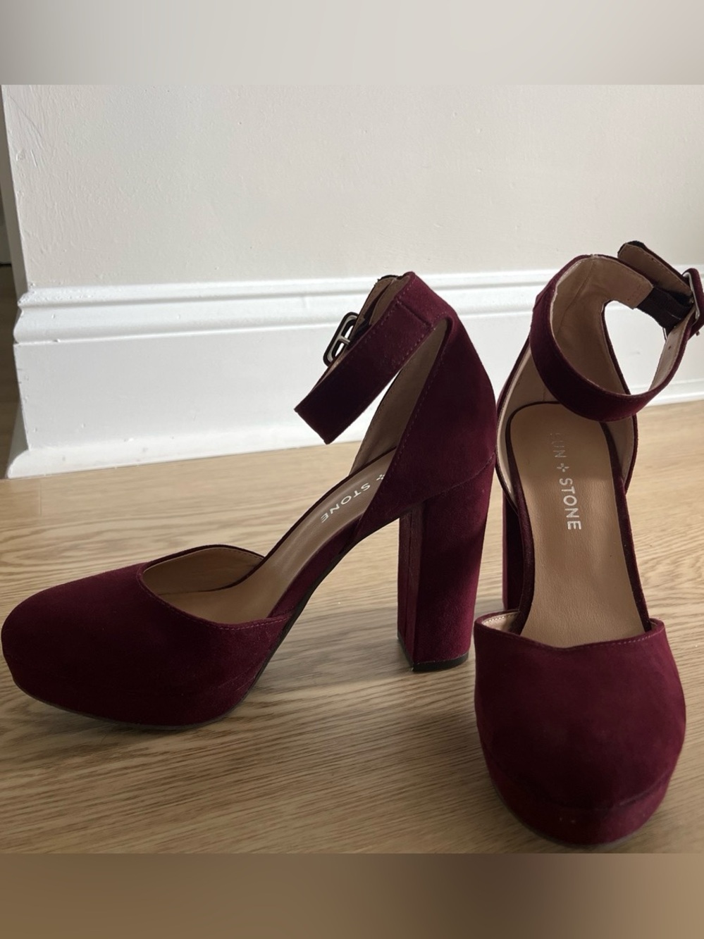 Sun + Stone Burgundy Ankle-Strap Block Heels - Picture 2 of 4